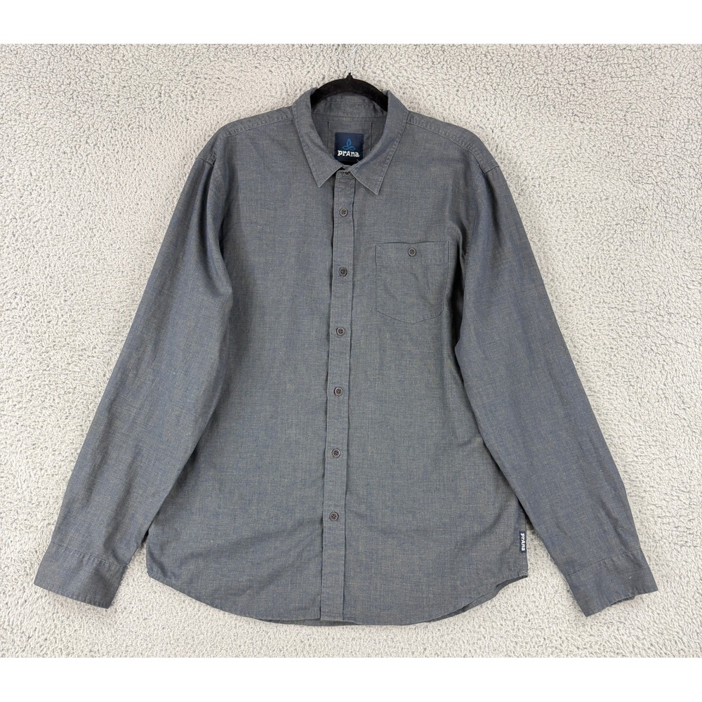 prAna Shirt Mens Large Blue Hemp Blend Button Up Long Sleeve Outdoor M23181510